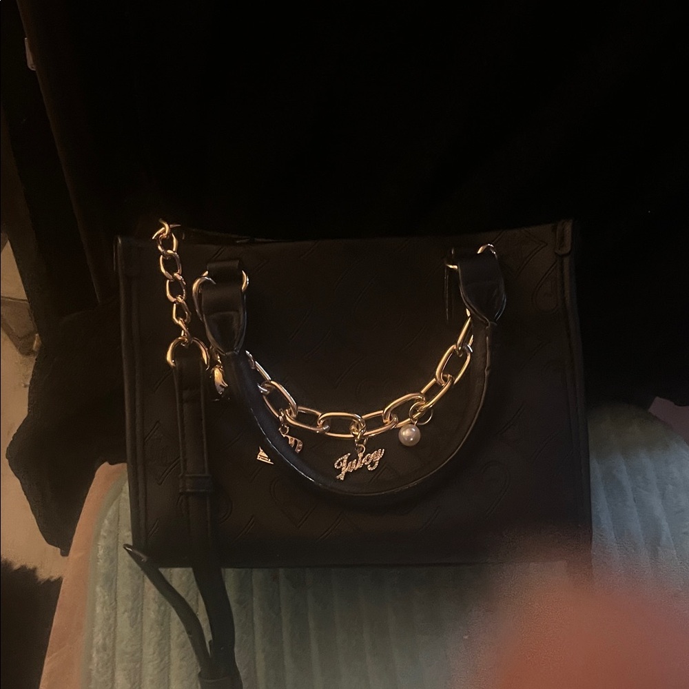 Black Faux Leather Handbag with Gold Chain